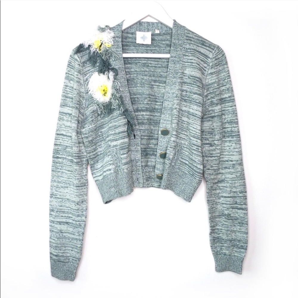 New! Anthropologie Green Flower Cardigan Sweater